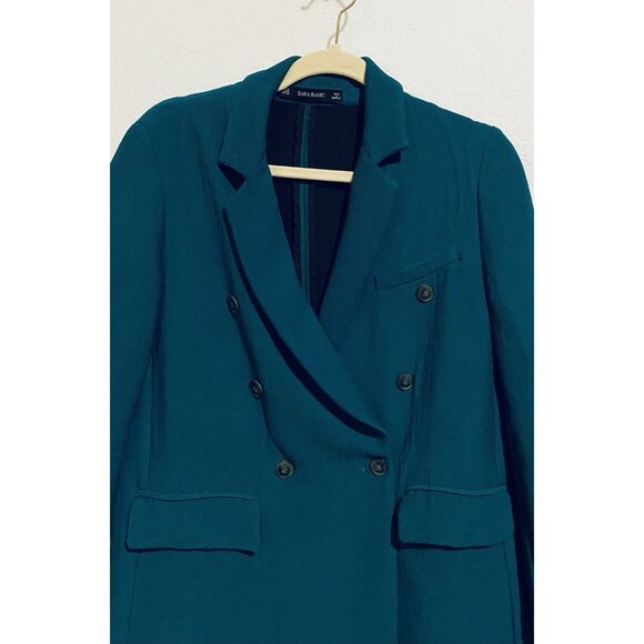 Zara Coat Womens Medium Green Tailored Double Breasted Ribbed Preppy Classic - Picture 2 of 5